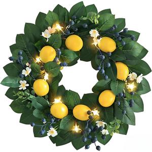 18" Spring Summer Wreaths for Front Door, Artificial Lemon Wreath with LED Star Lights & Timer,Berries & Greenery, Indoor & Outdoor Farmhouse Home Decor (Yellow)