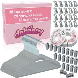 Baby Closet Organizer for Nursery - 30 Pack Grey Velvet Baby Hangers with 20 Clips and 20 Connectors and 10 Flower Designs Baby Closet Dividers with Colored Box-Infant Hangers for Closet