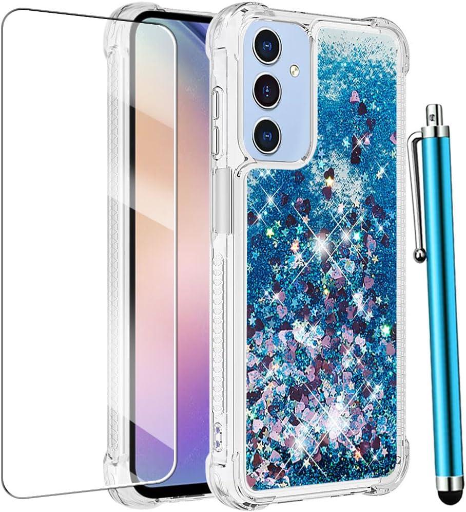 for Samsung Galaxy A16 5G Case with Screen Protector, Women Girls Glitter Sparkle Liquid Bling Floating Cute Phone Case,Soft TPU Shockproof Protective Cover (Blue, Galaxy A16 5G)