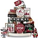 Dandat 15 Pcs Christmas Tiered Tray Decor Red and Black Buffalo Plaid Christmas Decor Merry Snowflake Gnome Truck Wooden Signs Farmhouse for Xmas Winter Home Table Shelf