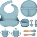 Silicone Baby Feeding Set 9 Pcs, Spill-Proof Suction Plate, Bowl, Bib, Silicone spoon&forks, Wooden Spoons&forks, Training cup with straw and Sippy Cup, Baby Eating Utensils (Blue)