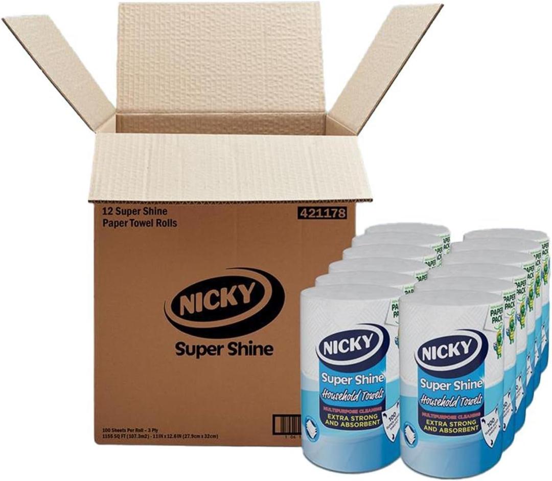 Nicky® Super Shine Multipurpose Paper Towel | Plastic Free Packaging | Paper Wrap | Larger Sheets | 3 Ply | Ultra Strong and Absorbent, 12pcs