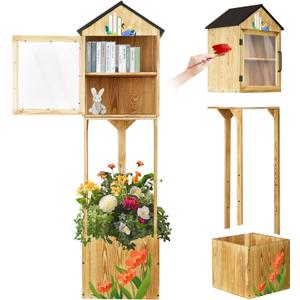 Little Library Box Outdoor,Small Wooden Library Box for Sharing Books,Newspapers,Flyers,2-Tier Little Book Cabinet for Community School (16"L x 13"W x 26"H)