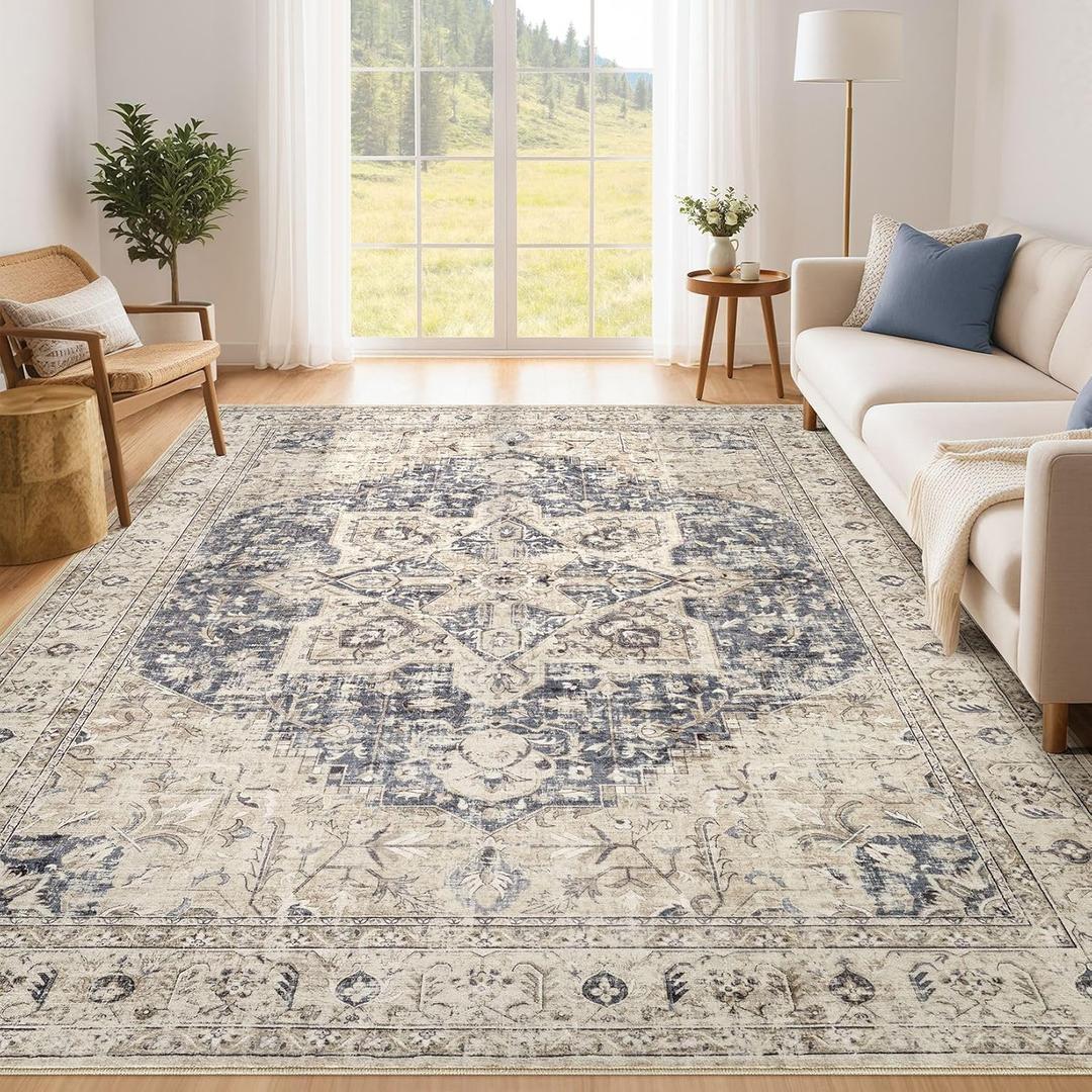 Tortania Area Rug Living Room Rugs - 5x7 Washable Boho Rug Vintage Oriental Distressed Farmhouse Large Thin Indoor Carpet for Living Room Bedroom Under Dining Table Home Office - Cream Blue