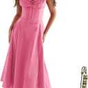 Adjustable Strap Midi Dress, Square Neck A-Line with Side Slit (Pink, S)