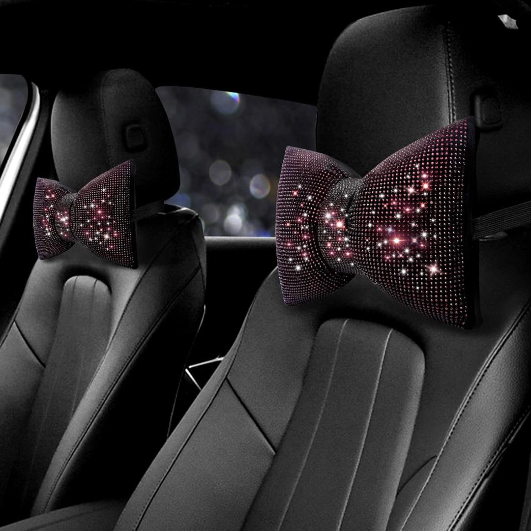surpassme 2PCS Rhinestone Car Headrest Neck Pillow for Driving with Bling Bling Crystal Bow Pillow Car Accessories for Women (Purple)