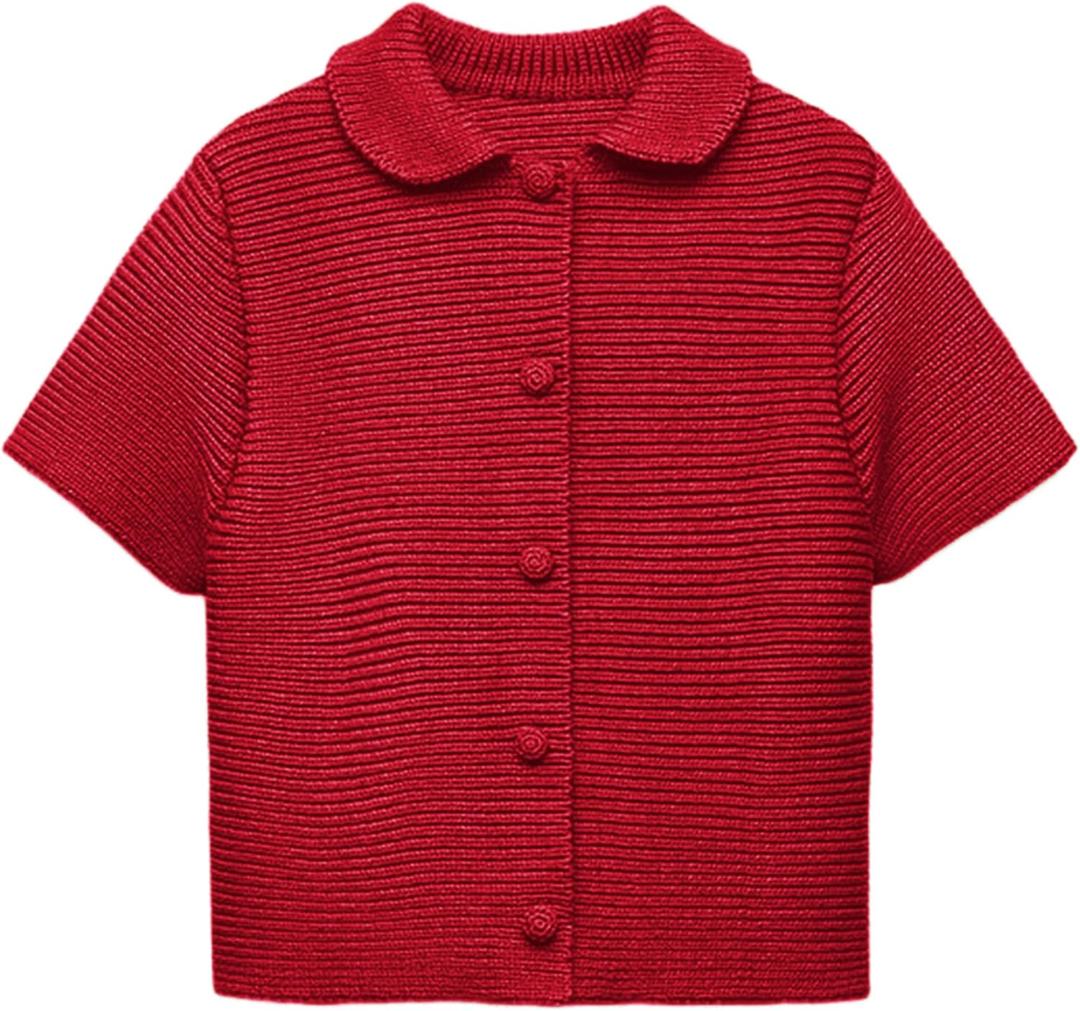 Tanming Womens Cardigan Sweaters Soft Chunky Knit Top Short Sleeve Button Loose Outerwear Sweater (Large, Red)