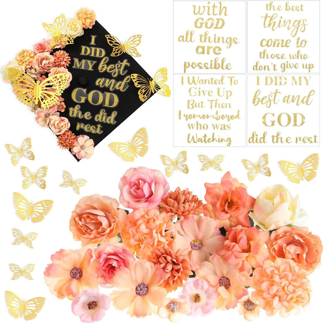 Feifeiya 36 Pcs DIY 2026 Graduation Cap Decorations Accessory Kit Include Faux Flower Heads Graduation Quotes Glitter Stickers 3D Butterfly for Grad Cap Topper DIY Gift(Orange,Inspirational)