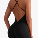 YEOREO Backless Tummy Control Jumpsuits for Women One Piece Workout Jumpsuits Sleeveless V Back Lizvette Scrunch Yoga Rompers, Size Small