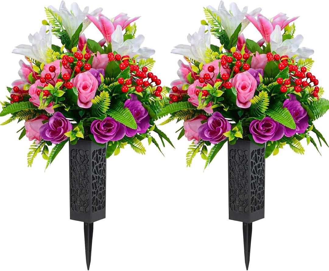 Set of 2 Artificial Cemetery Flowers, Artificial Rose Lily Grave Memorial Flowers with Black Plastic Vase for Cemetery Headstones Gravesite Decoration