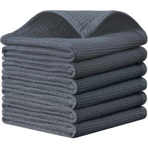 QUILTINA Dish Towels Set,100% Cotton Waffle Weave Kitchen Towels 6 Pack,14 x 14 Inches Dish Towels for Kitchen,Super Absorbent for Drying and Cleaning (Dark Grey)