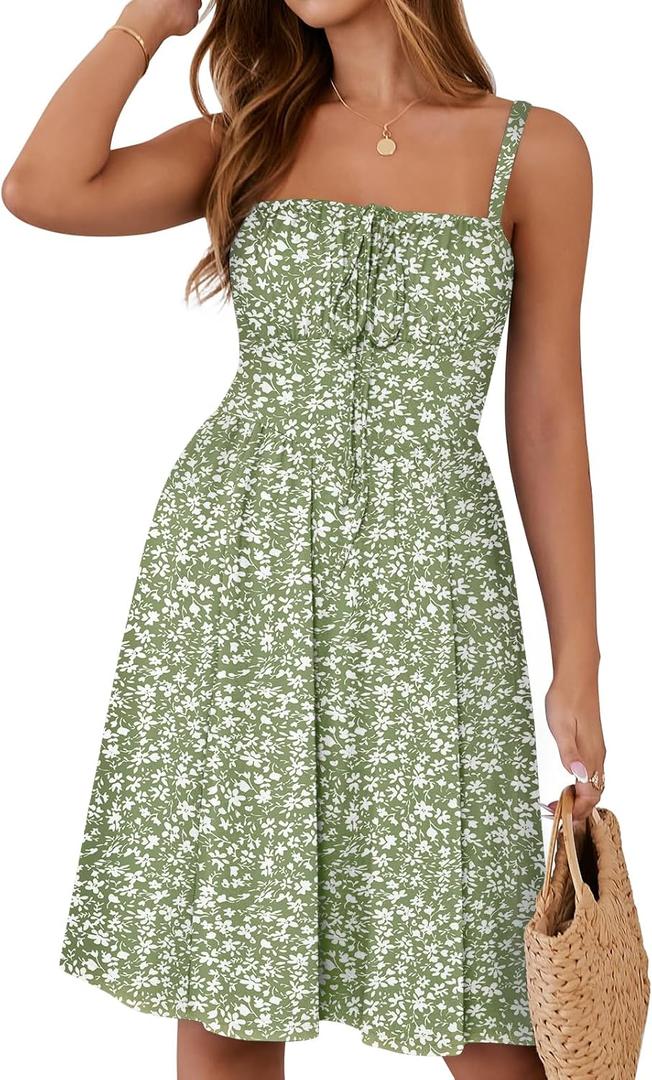 YATHON Summer Mini Corset Sun Dress for Women Short Casual Square Neck Lace Up Floral Beach Vacation Dresses with Pockets (Green, S)