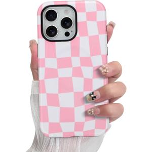 SOKAD Magnetic Checkered Phone Case for iPhone 15 Pro Max, Cute Grids Plaid Checkerboard Pattern Compatible with Magsafe Matte Protective Case Cover with Screen Protector for Girls Women, Pink