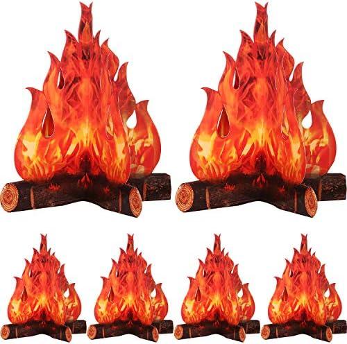 Boao 6 Set Fake Fire Fake Flame Camping Decoration 3D Cardboard Campfire Centerpiece Artificial Flames Campfire Party Decoration for Camp Bachelorette Party Supplies(Red Orange)