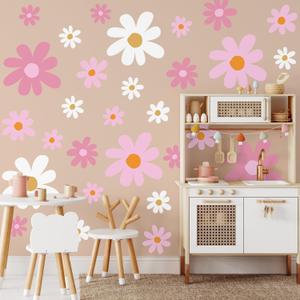 TaoBary 12 Sheet Daisy Wall Sticker Decal Removable Cute Daisy Bedroom Room Decor Flower Wall Sticker Pink White Flower Decal Wallpaper Peel and Stick for Nursery Home(Pink Color,Vibrant Style)