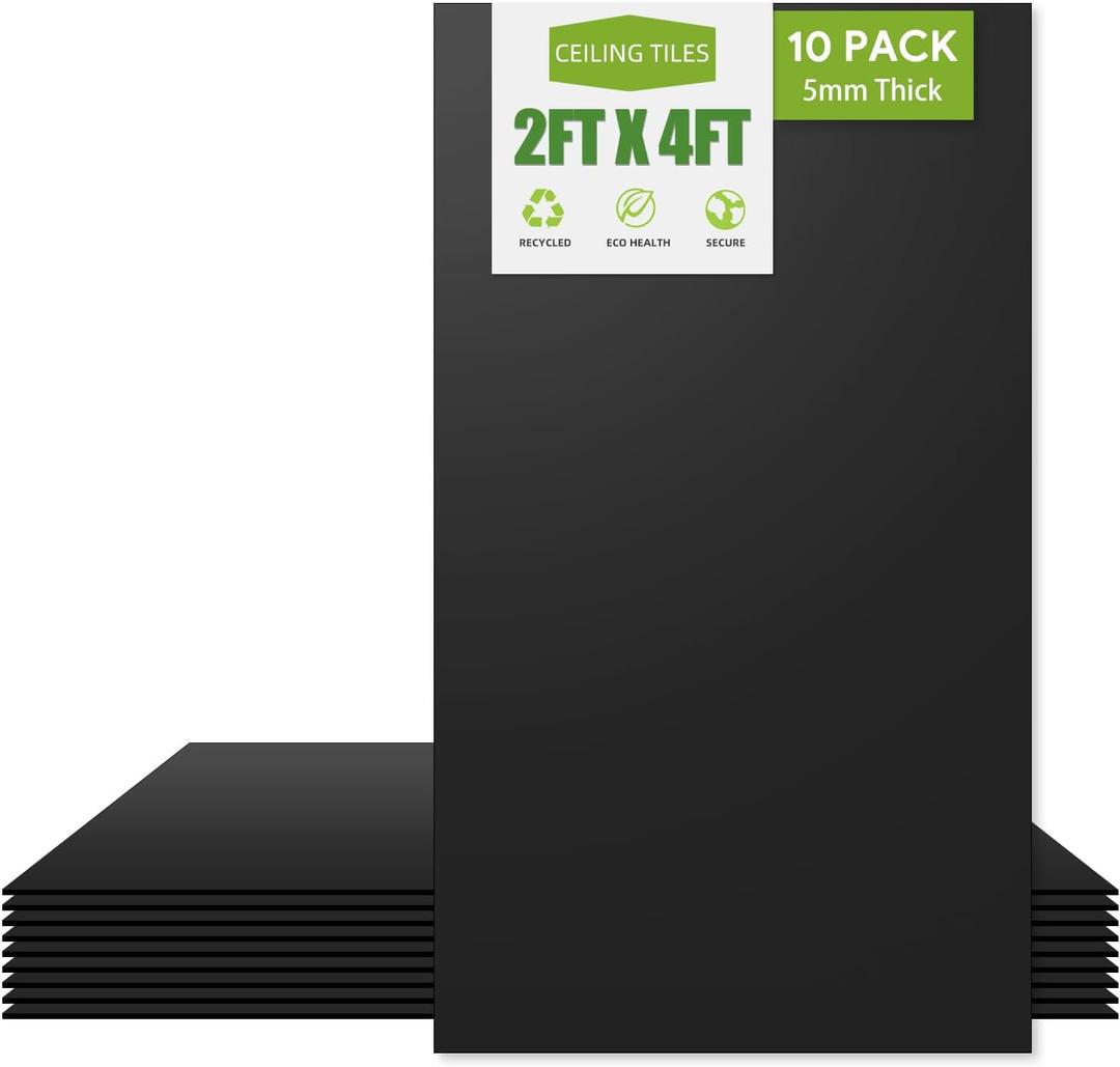 2ft x 4ft Drop Ceiling TilesSmooth Black PVC Ceiling Tiles 24 x 48in. Waterproof, Washable and Fire-Rated - Reusable - High-Grade PVC to Prevent Breakage-Cover 80 Sq. Ft-Package of 10 Tiles