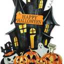 Glitzhome 32" H Halloween Metal Haunted House Yard Stake/Hanging Decor,Halloween Pumpkin Bats Ghost Garden Yard Sign for Lawn Decorations Outdoor Garden Halloween Party Decor, 13.5"L x 0.25"W x 32" H