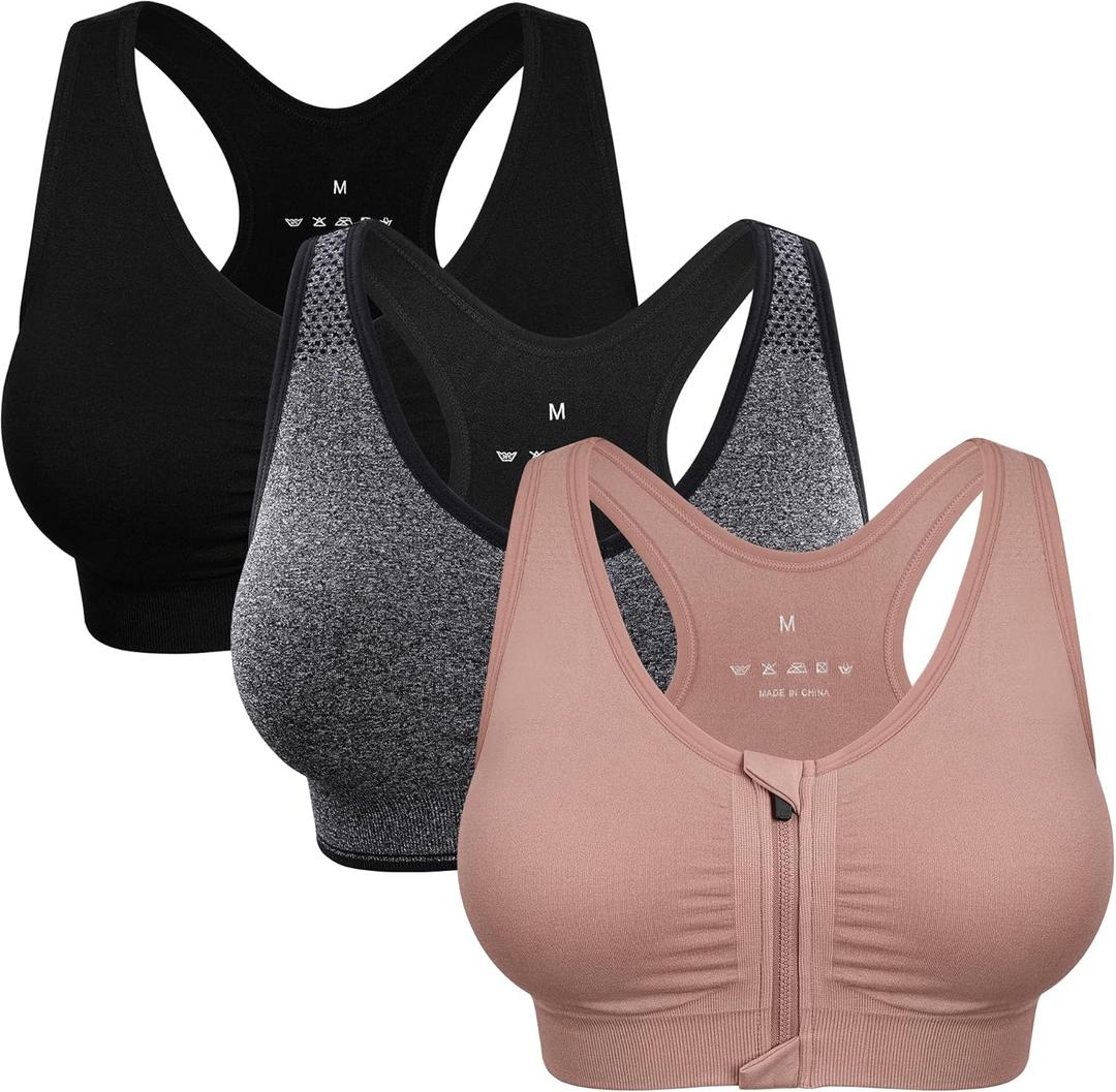 Women's Zip Front Sports Bra Wireless Post-Surgery Bra Active Yoga Sports Bras (Black, L)