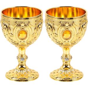 Amosfun 2Pcs Golden Wine Cups - 30ml Royal Chalices Wine Glass Embossed Design Medieval European Style Metal Cups