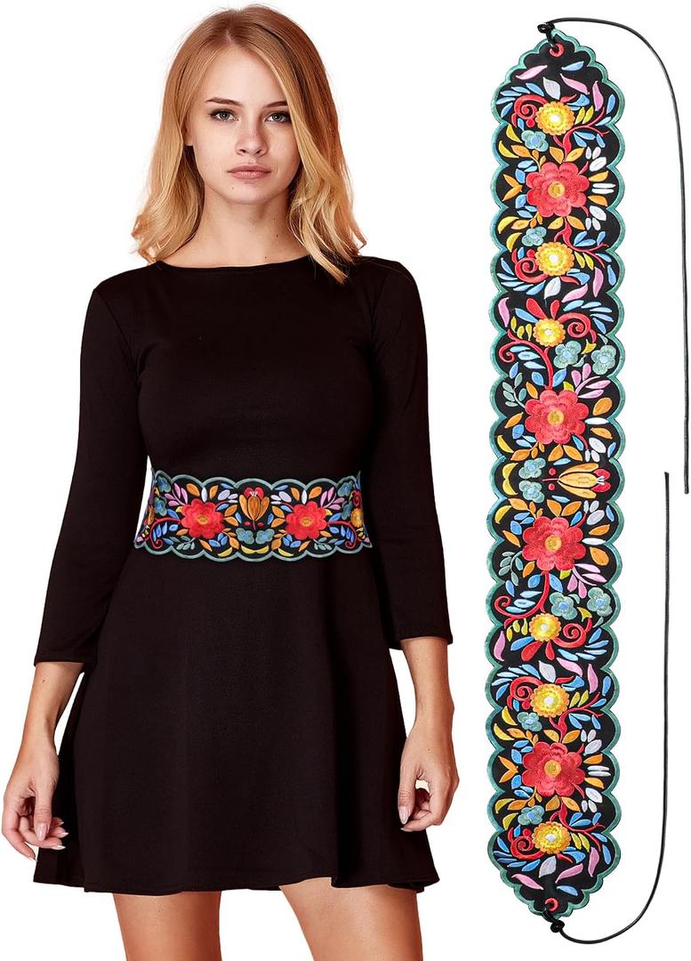 Women Embroidered Mexican Belt for Dress Floral Traditional Fiesta Waist Sash Cinco De Mayo Luau Party Outfit