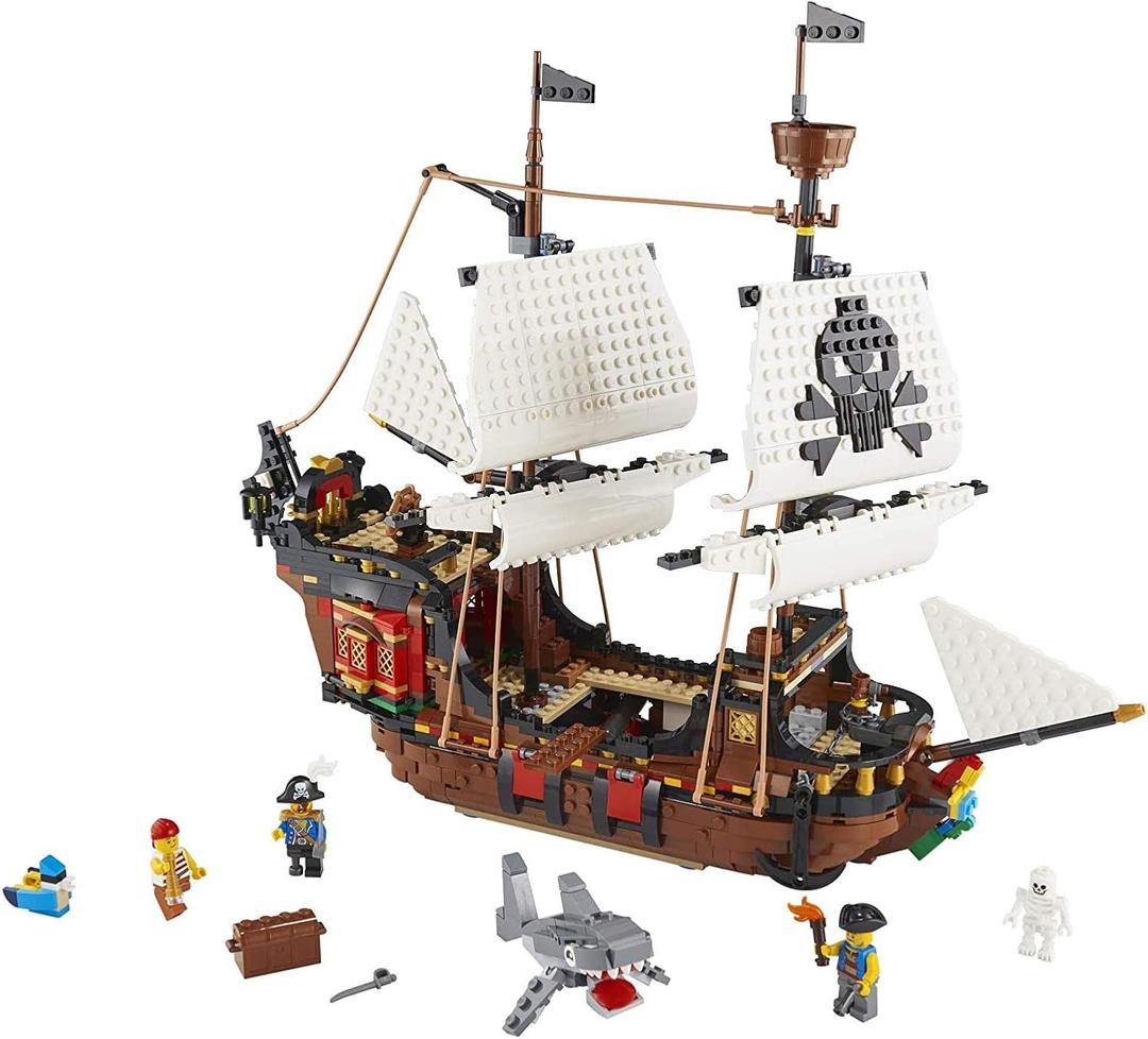 LEGO Creator 3 in 1 Pirate Ship Building Set, Kids can Rebuild The Pirate Ship into an Inn or Skull Island, Features 4 Mini figures and Shark Toy, Makes a Great Gift for Kids Ages 9+ Years Old, 31109