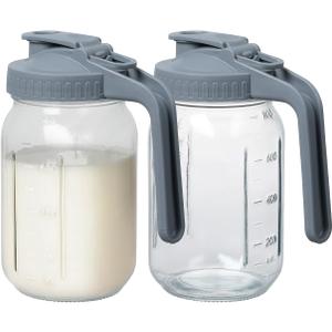 Novelinks 32OZ Glass Pitcher with Lid, Wide Mouth Mason Jar Pitcher, Leak-proof Water Jug for Juice, Milk, iced Coffee Lemonade Tea,2 Pack