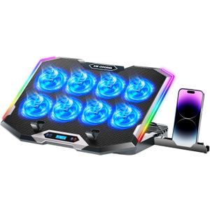 ICE COOREL Gaming Laptop Cooling Pad with 8 Cooling Fans, Laptop Fan Cooler Pad for 15-17.3 Inch, Notebook Cooler Stand with 6 Height Adjustable, RGB Cooling Pad with Two USB Port + Phone Stand