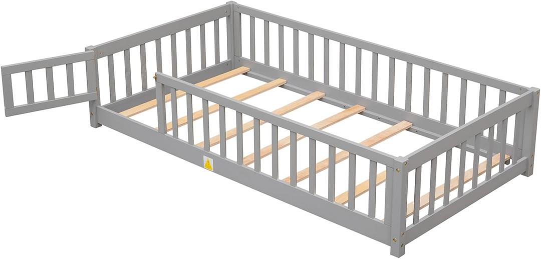Pine Wood Floor Bed with Slats Fence & Door Easy Assembly Twin Size Bed Frame for Children Girls Boys (202 x 106 x 44cm) Grey One Size