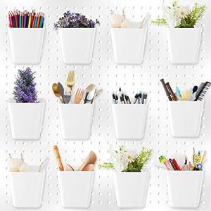 Tessco 12 Sets Pegboard Cups with Hooks Loops Large Bins White Pegboard Wall Organizer Peg Board Containers Square Box Shape Cup Holder for Garage Office Workshop Workbench, Not Included Peg Board