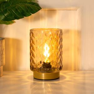 Battery Operated Lamp with Timer, Small Decorative Table Lamp Ambient, Glass Cordless Lamps Bedside Battery Powered Lamp for Bookshelf, Entryway Wave Design-Amber