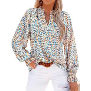 MASCOMODA Womens V Neck Floral Long Sleeve Tops 2025 Summer Casual Loose Puff Sleeve Chiffon Boho Work Blouse Dressy T Shirts (XL)