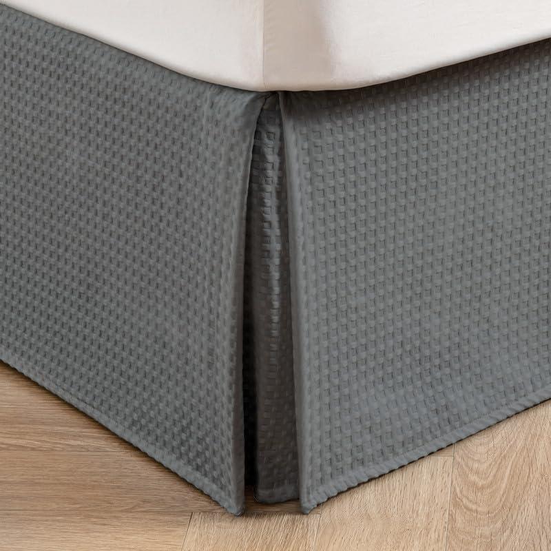 MIYE Pleated Waffle Weave Bed Skirt, Tailored Dust Ruffle 14 Inch Drop Easy Fit, Machine Washable (Dark Grey, Full - 14" Drop)