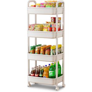 JOYZAN 4 Tier Rolling Carts with Wheels, Utility Cart with Handle and Locking Caster, Storage Cart for Kitchen, Office, Bedroom, Suitable for Diaper, Art Tools, Snack, Craft Storage Cabinet, White