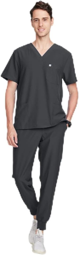 Uniforms World Louis Scrubs Set for Men  Classic V-Neck Stretch Top & Jogger Pants Yoga Waistband, 8 Pockets (XX-Large Tall, Dark Grey) Uniforms World Louis Scrubs Set for Men  Classic V-Neck Stretch Top & Jogger Pants Yoga Waistband, 8 Pockets (XX-Large Tall, Dark Grey)