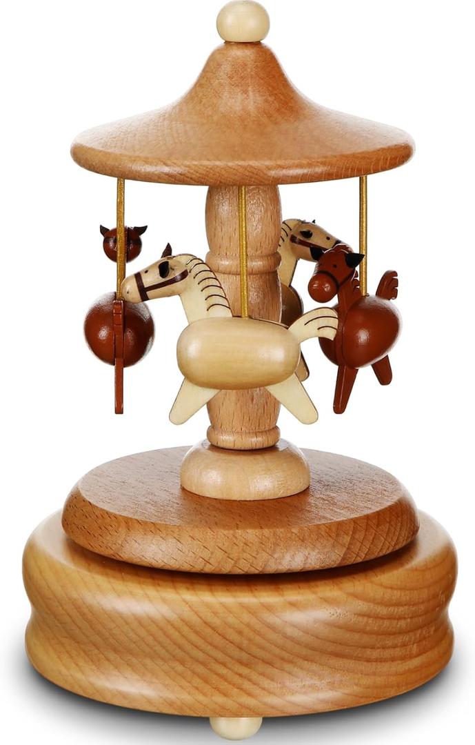 Bucherry Carousel Music Box Wooden Merry Go Round Carousel Musical Box Beautiful Horse Wind up Music Crafts for Christmas Birthdays Anniversaries Valentine's Day Party Decor Gift