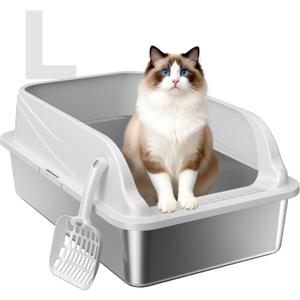 Stainless Steel XL Cat Litter Box for Cats, High-Sided Design Prevents Urine Leakage, Non-Stick, Easy to Clean, Includes Scoop, Gray L