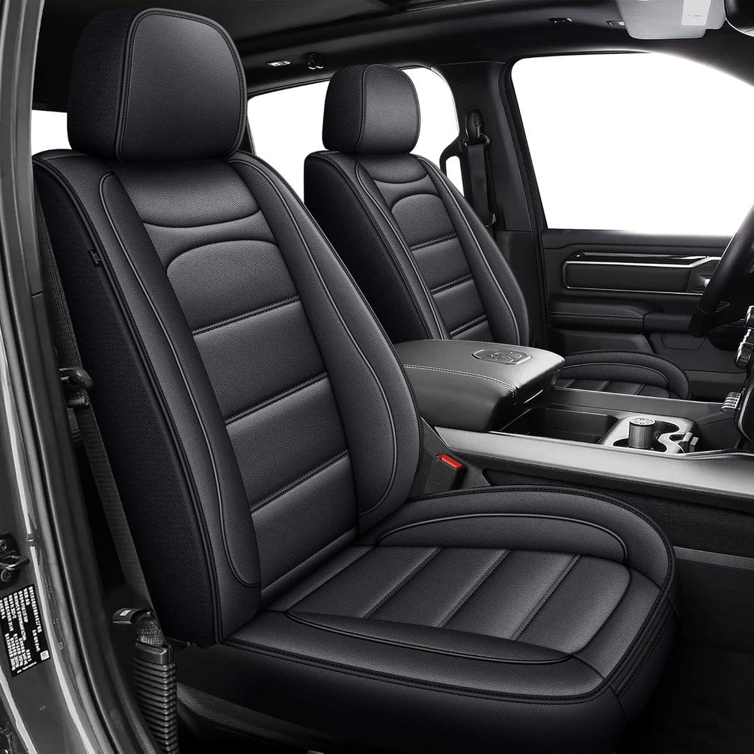Seat Covers Fit for Dodge RAM 1500 2002-2025 2026: Compatible with RAM 1500 2500 3500 Crew Double Quad Cab Truck Pickup Car Seat Cover Faux Leather Seat Covers(Curved Bench, Front Pair, Black)