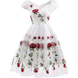 Women Vintage Off Shoulder Rose Embroidered Floral Evening Dress V Neck Short 3/4 Sleeves Wedding Cocktail A Line Midi Gown, S