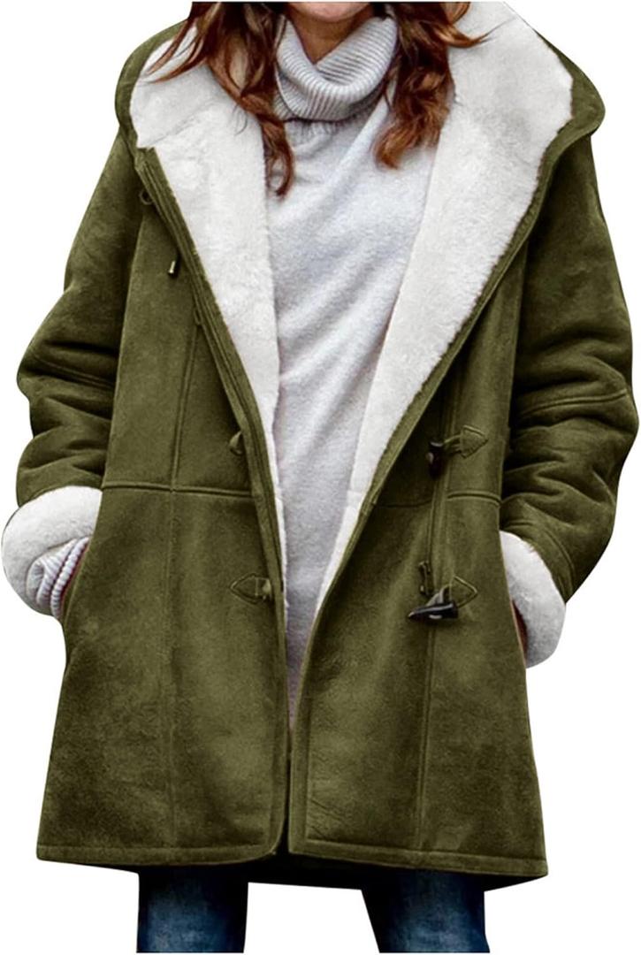 AI'MOURI Windproof Sherpa Lined Outerwear for Women Winter Fleece Hooded Overcoat with Pockets Warm and Thicken Parka Jacket (Medium, Army Green)