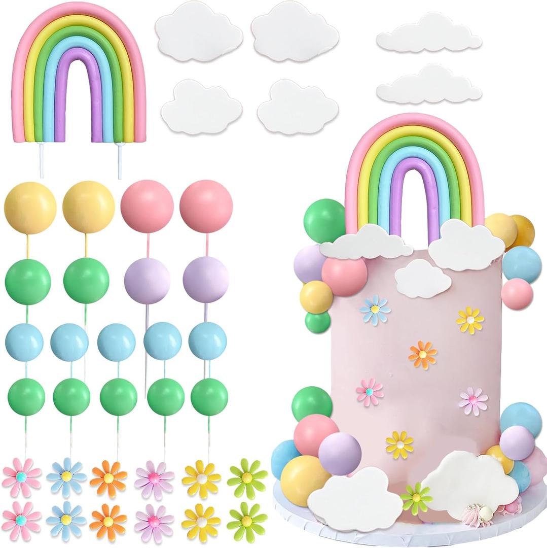 37Pcs Rainbow Cake Topper Boho Groovy Hippie Cake Decorations Pastel Balls Daisy Flower Cake Toppers for Retro Hippie Party Girl Birthday Party Groovy Bohemian Rainbow Wedding Party Supplies