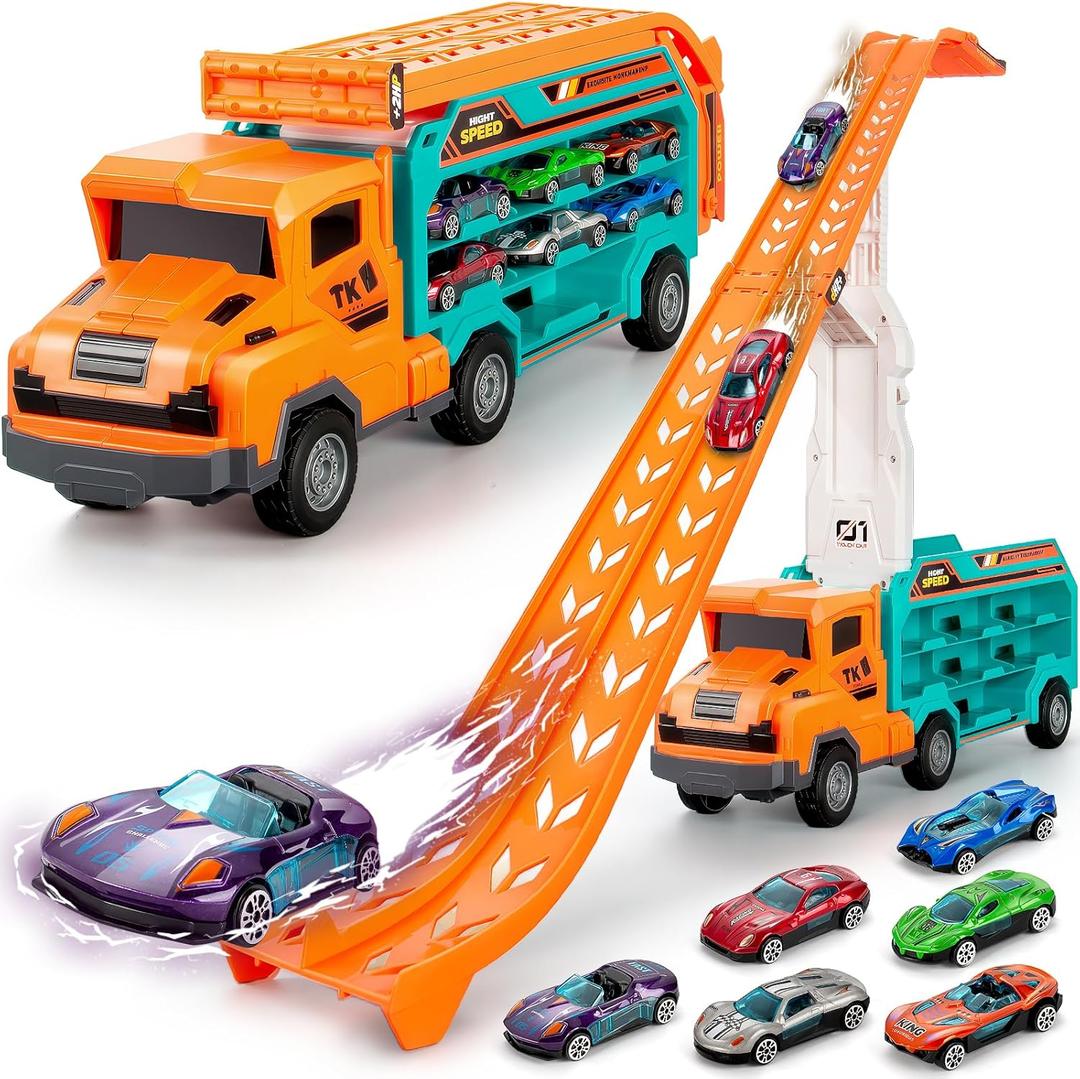 BainGesk Carrier Truck Toys for 3 4 5 6 Years Old Boys, 2.8 Ft Race Track Transport Cars with 6 Die-Cast Metal Toy Cars, Birthday Gifts Kids Age 3-5, Racing Toys Gifts for Toddlers (Orange)