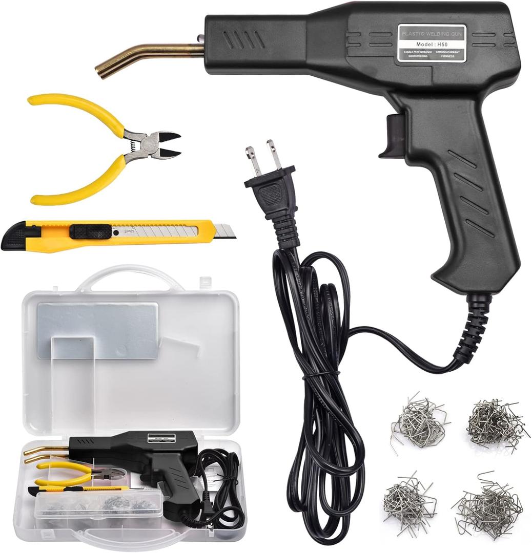 Plastic Welder Kit for Bumper Repair, 800 Staples, Hot Stapler Welding Gun, Plastic Welding Repair Kit with Carry Case, 6 Types Staples, Plastic Repair DIY Tools