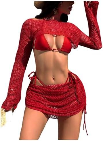 MakeMeChic Women's 4 Piece Summer Swimsuit Halter Tie Back Triangle Cheeky Bikini Sets with Crochet Cover Ups, Size M