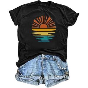T Shirts for Women Graphic Tees Vintage Printed Short Sleeve Shirt Crewneck Loose Fitting Tops Casual Basic Cute Blouses, L