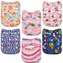 ALVABABY Baby Cloth Diaper 6 Pack with 12 Inserts One Size Cloth Diaper Covers Adjustable Washable Reusable for Baby Girls and Boys (Small Yellow Flower/Pink Flower/Plaid Cherry/Blue Umbrella/Colorful Ripple/Purple Fruit)