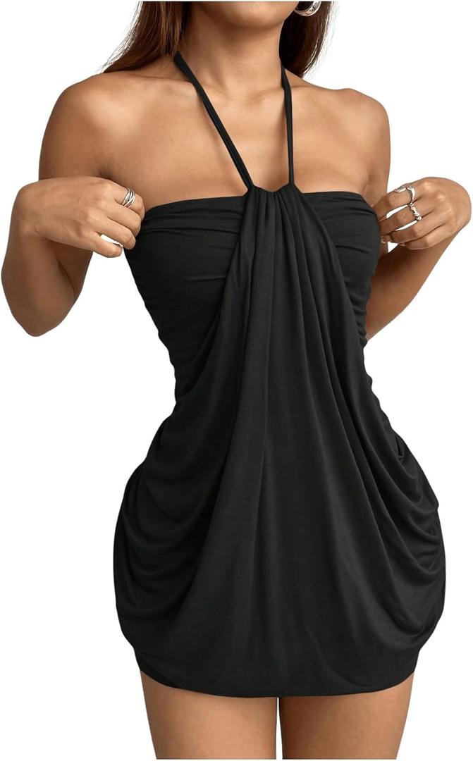SOLY HUX Women's Halter Bodycon Mini Dress Sleeveless Vacation Party Dresses Clubwear Date Outfits (Large, Plain Black)