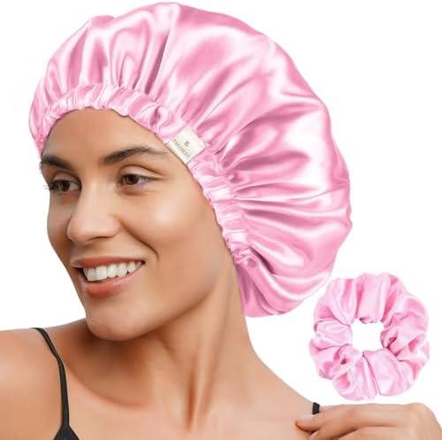 YANIBEST Adjustable Satin Bonnet Double Layer Hair Bonnet for Sleeping Bonnets for Women Hats Curly Natural Hair, Pink