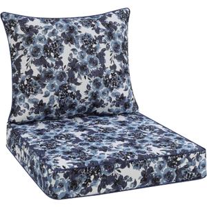 Favoyard Outdoor Seat Cushion 24 x 24 x 4 in Waterproof Pattern Fade Resistant Cover Removable Patio Furniture Cushions Deep Seat & Back Cushion Set with Adjustable Straps for Patio Chair Sofa Couch (Blue Floral)