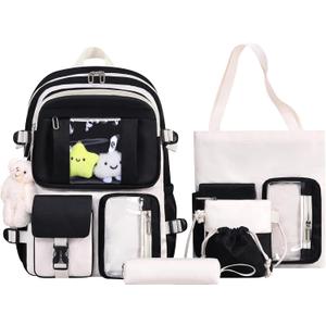 HORHREAR Kawaii Backpack 5Pcs Set for School, Cute Clear Backpack Preppy with Aesthetics Pendant for Girls Boys Primary Bag (Black)
