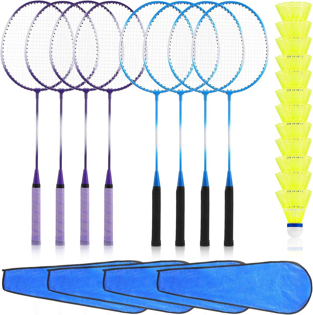 Woanger 8 Pack Badminton Rackets Set Including Badminton Racquets, Nylon Shuttlecocks and Carry Bag for Outdoor Backyard Games Beginners, 26.38 inches x 9.06 inches